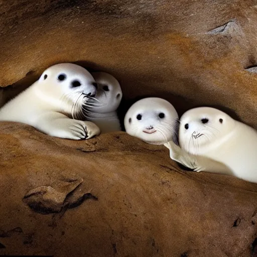 Image similar to a cave painting of three baby harp seals playing, National Geographic photo