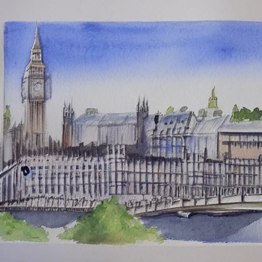 Prompt: watercolour painting of saurons eye over the houses of parliament london