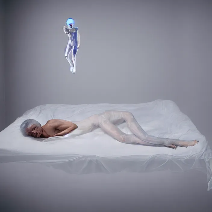 Prompt: a 7 0 year old white haired man lays on a bed, a transparent iridescent figure levitates above him, by vanessa beecroft, canon eos c 3 0 0, ƒ 1. 8, 3 5 mm, 8 k, medium - format print