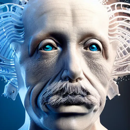 Image similar to masterpiece portrait ethereal biomechanical einstein with incredible technological hair, crystal incrustations, hyper - detailed face, elegant posed, intricate, octane render, cinematic lighting, cgsociety, unreal engine,