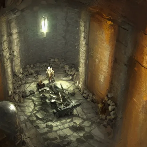 Image similar to a concept art of jail in a catacomb. a paladin knight lies dead in a wall bed with a surprised shapeshifter half man half rat. dungeon. volumetric lighting. rutowsky, craig mullins, d & d.