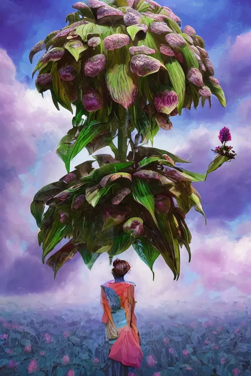 Image similar to closeup, giant flower as a head, girl surrounded by monsteras, surreal photography, wind and cold, dramatic sky, impressionist painting, digital painting, artstation, simon stalenhag