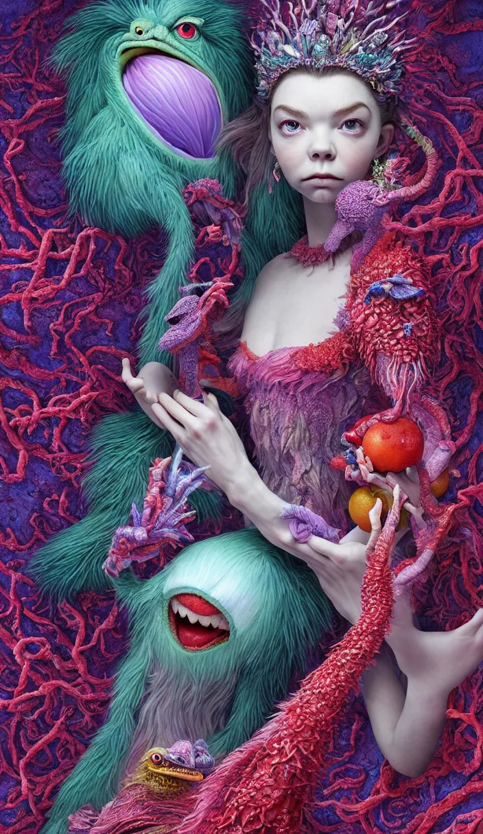 Prompt: hyper detailed 3d render like a Oil painting - kawaii portrait of four Aurora (a beautiful skeksis muppet fae queen from dark crystal that looks like Anya Taylor-Joy) seen red carpet photoshoot in UVIVF posing in scaly dress to Eat of the Strangling network of yellowcake aerochrome and milky Fruit and His delicate Hands hold of gossamer polyp blossoms bring iridescent fungal flowers whose spores black the foolish stars by Jacek Yerka, Ilya Kuvshinov, Mariusz Lewandowski, Houdini algorithmic generative render, Abstract brush strokes, Masterpiece, Edward Hopper and James Gilleard, Zdzislaw Beksinski, Mark Ryden, Wolfgang Lettl, hints of Yayoi Kasuma and Dr. Seuss, octane render, 8k