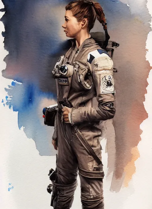 Prompt: full body concept art watercolor of a female pilot, watercolor painting, stunning, featured on artstation, cinematic lighting, hyperdetailed, cgsociety, 8k, dramatic, dark atmosphere, alluring