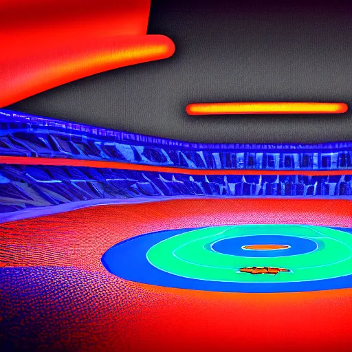 Prompt: an orange and blue contrast digital stadium, tron, digital art