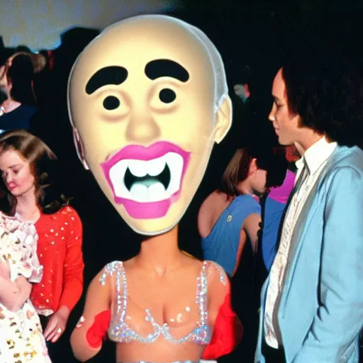 Image similar to live-action film a teenage girl with an inflatable cartoon head at the prom, and other students are laughing at her on the dancefloor, john waters film, 1974, technicolor