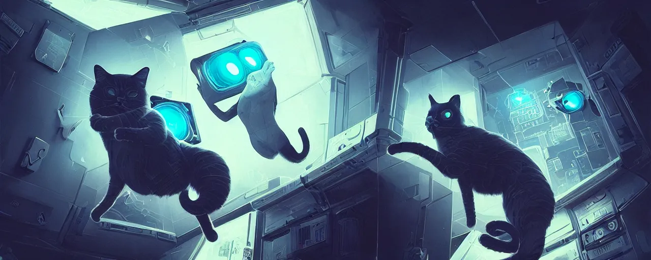Image similar to duotone noir scifi concept illustration of 3 d mesh of cat inside box zero gravity glowing 3 d mesh quantum portals, glowing eyes, octane render, surreal atmosphere, volumentric lighting. accidental renaissance. by sachin teng and sergey kolesov and ruan jia and heng z. graffiti art, scifi, fantasy, hyper detailed. trending on artstation
