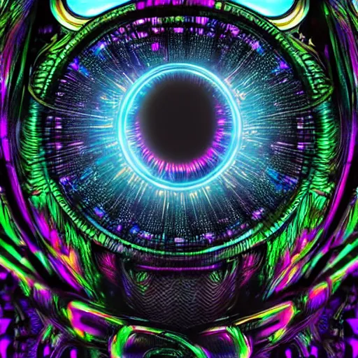 Prompt: eye of a cybernetic owl, futuristic, cyberpunk, digital illustration, photo - realistic, macro, extremely detailed, vivid, neon, dramatic lighting, intricate details