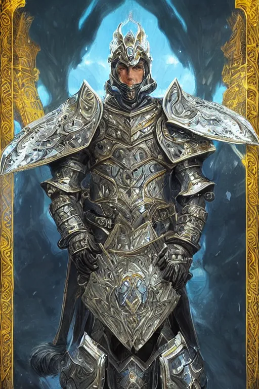 Prompt: Fantasy Paladin with tower shield wearing an intricate azure wolf themed full plated armor, moonlit, HD, illustration, epic, D&D, fantasy, intricate, elegant, highly detailed, digital painting, artstation, concept art, smooth, sharp focus, illustration, art by artgerm and greg rutkowski and alphonse mucha