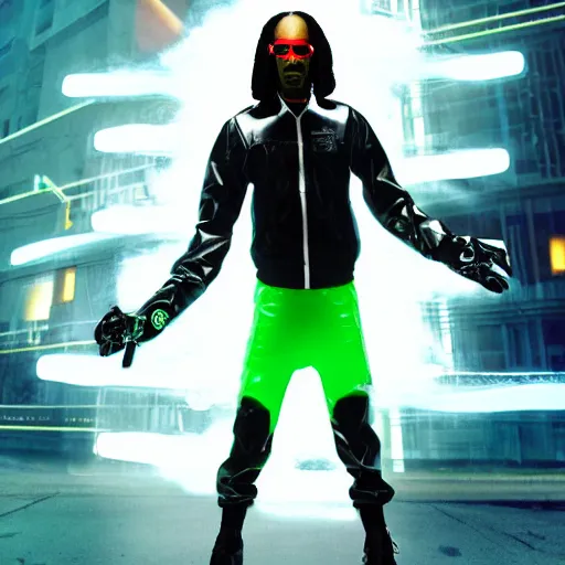 Image similar to Snoop Dogg as a cyborg cyberpunk ninja, skintight black uniform, neon green bulletproof vest, Leather gloves, Robot arm, cigarette in his mouth. and wielding a giant, smoking, blunt, as a weapon, emerging from a cloud of smoke. high quality, unreal engine 5 render, high quality render, octane render, photo realistic, ultra detail, cinematic lighting, realistic, cyberpunk, Snoop Dogg, Snoop Dogg rapper