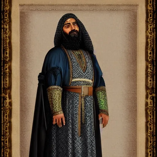 Image similar to middle aged man, dark complexion, well trimmed beard, middle ages middle eastern clothing, portrait full body view, middle easter contemporary artstyle