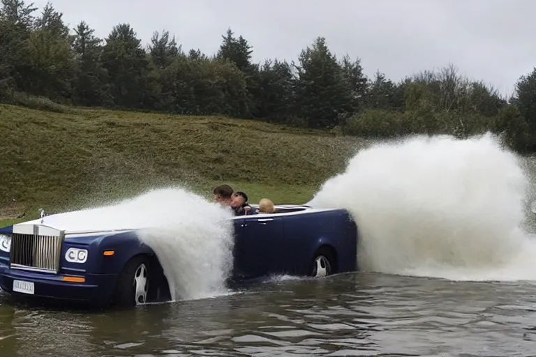 Image similar to Group of teenagers push Rolls-Royce into lake from small slide