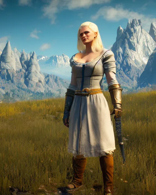 Prompt: a beautiful blonde woman from of the witcher 3 game, Toussaint landscape background, rendered in octane