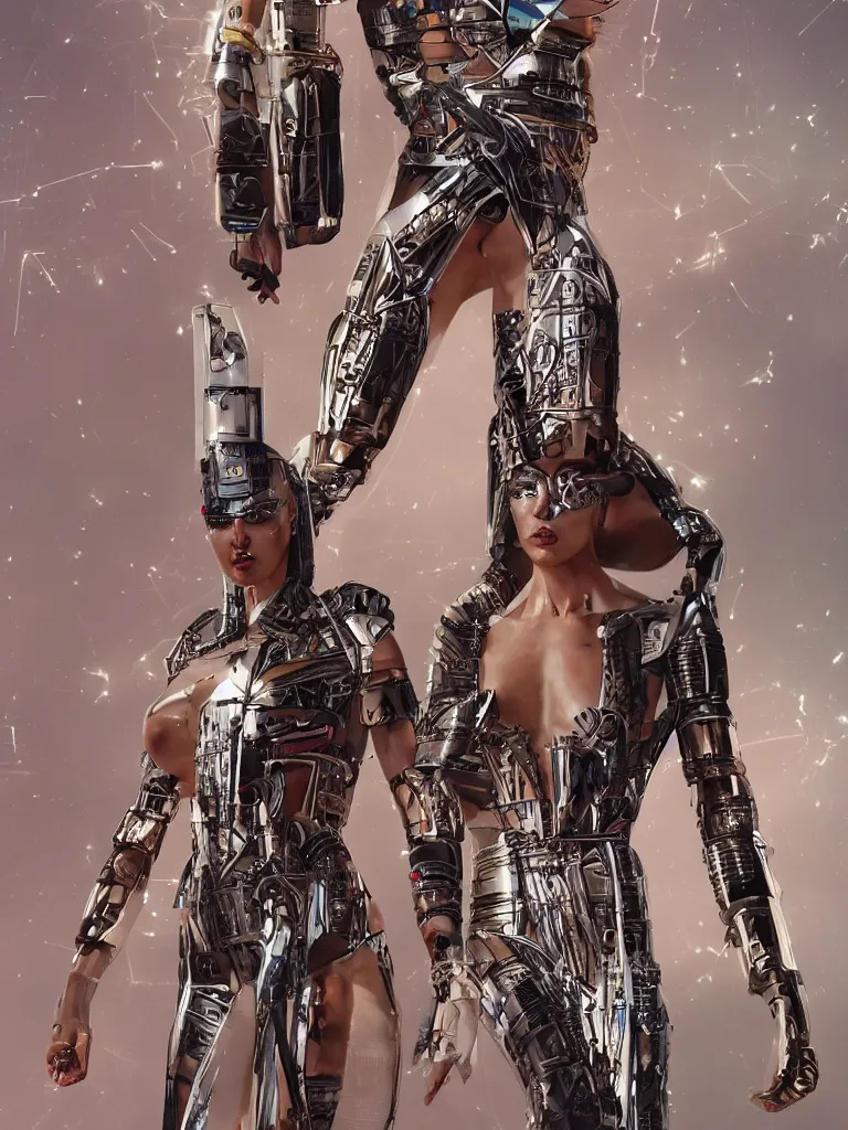 Image similar to full body portrait of the muscular Egyptian Android Pharaoh Queen, by DC comics and Sandra Chevrier and beeple, artstation, volumetric lighting and fog, hyperrealism, hyper detailed futuristic royalty, award winning costume design, cybernetic bionic ancient cyborg, fashion show runway, futuristic fine textures, woven with electricity, high fashion superpowers, floating dust particles, bokeh, mystic haze, 4k UHD, HDR