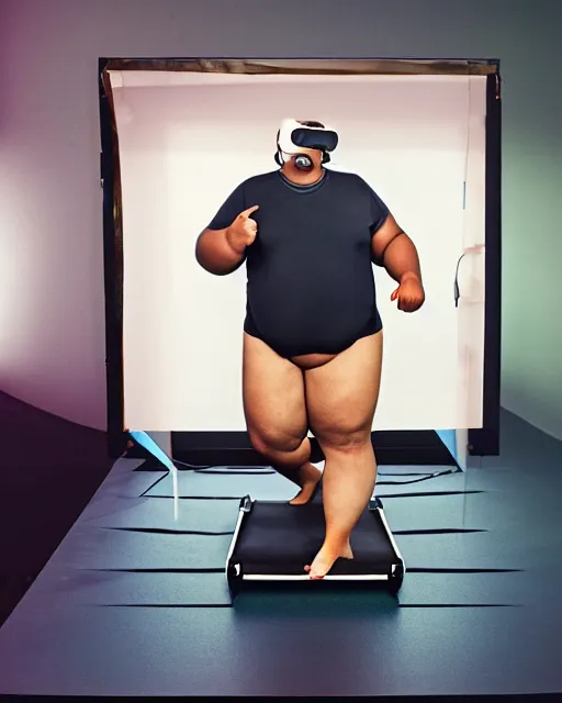 Image similar to Studio Photograph of a real life Super morbidly obese 800 pound American teenager Fat Albert wearing VR goggles while walking on a VR Treadmill in the Style of Annie Leibovitz,