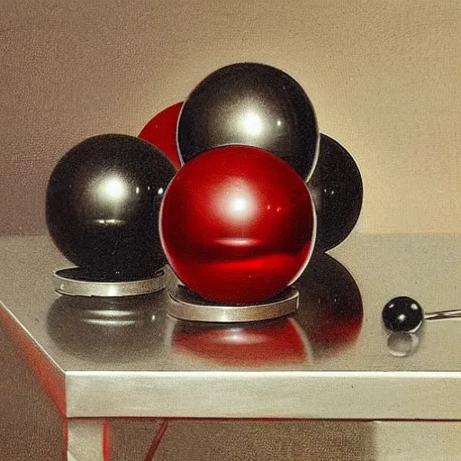 Prompt: chrome spheres on a red cube by pieter claesz