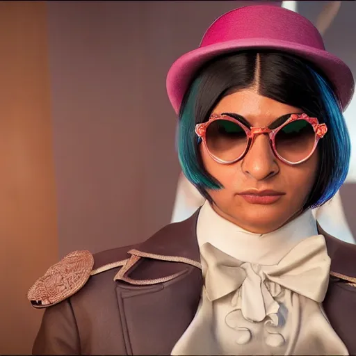 Image similar to hyperrealistic film full body still of mia khalifa as willy wonka, inspired by istvan sandorfi & greg rutkowski & unreal engine, perfect facial symmetry, dim volumetric cinematic lighting, 8 k octane comprehensive render, extremely hyper - detailed, incredibly lifelike attributes, intricate, real flesh texture, masterpiece, artstation, stunning,