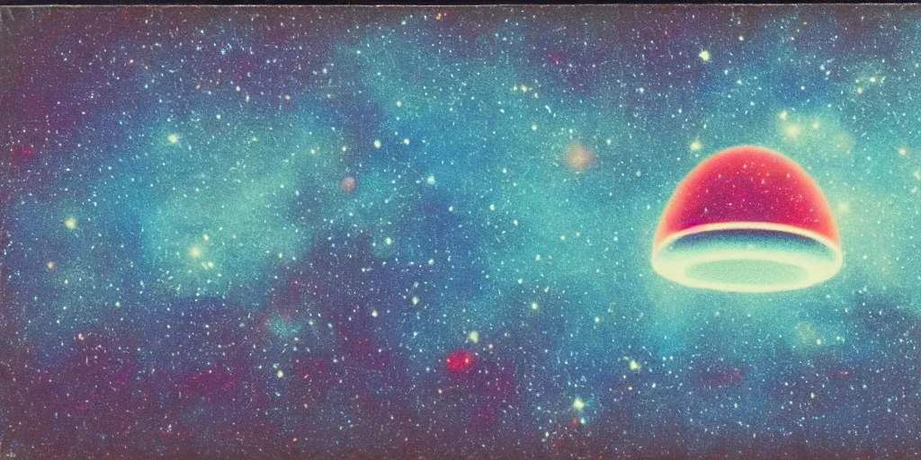 Image similar to polaroid photo of an ufo in a colourful galaxy, twinkling stars, cyan blue pink and red color bleed, slight lens glare