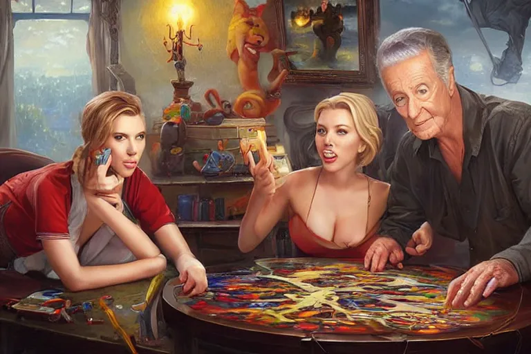 Image similar to portrait of bob barker playing twister with scarlett johansson, an oil painting by ross tran and thomas kincade