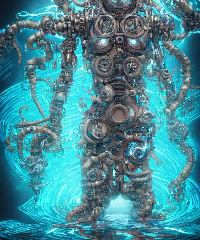 Prompt: a cyborg water demon surrounded by power sigils, centered composition, crisp 8 k line art, digital painting, artstation, unreal engine, octane render, emissive lighting, concept art, matte, sharp focus, hyper realistic lighting, illustration, art by shintaro kago and james jean