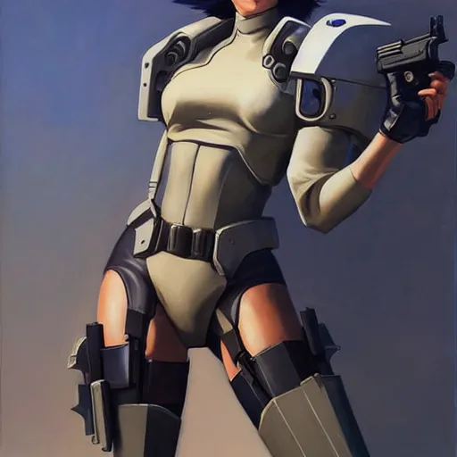 Image similar to greg manchess portrait painting of partially armored motoko kusanagi as overwatch character, medium shot, asymmetrical, profile picture, organic painting, sunny day, matte painting, bold shapes, hard edges, street art, trending on artstation, by huang guangjian, gil elvgren, ruan jia, greg rutkowski, gaston bussiere