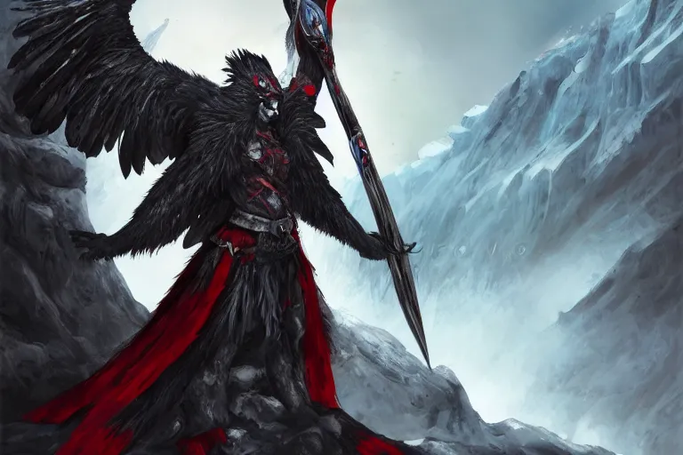 Image similar to raven warrior with burning red eyes stands atop an icy mountain, digital art, fantasy artwork, extremely detailed, trending on artstation, award - winning, art from the greatest fantasy artists,