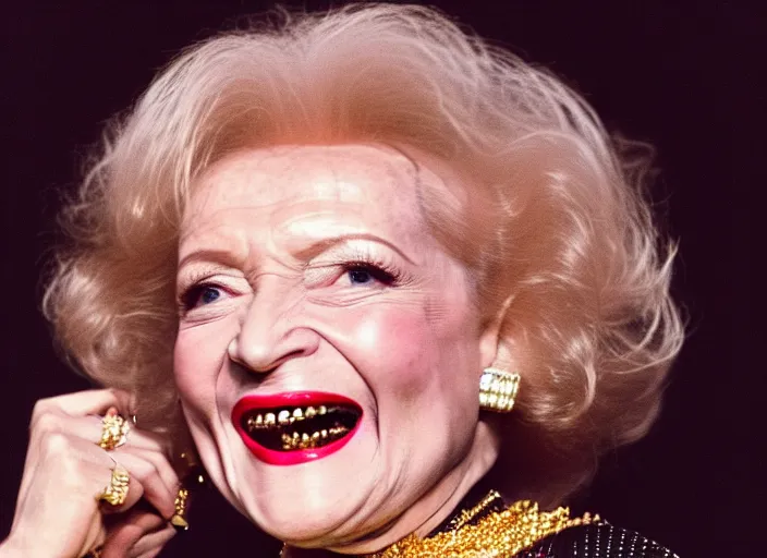 Image similar to publicity photo still of betty white as a gangsta rapper covered in gold chains, with grills in teeth and wearing a jumpsuit live on stage, 8 k, live concert lighting, mid shot