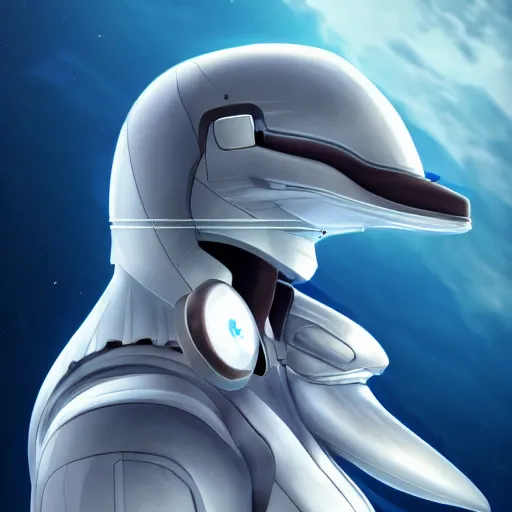 Image similar to very very beautiful furry art, bust profile picture of a male robotic anthro dolphin, synthetic cetacean hybrid android, face covered by dark fully opaque visor, wide bottlenose snout below visor, sleek round shapes, all ultramarine metal, integrated design, commission on furaffinity, cgsociety, octane render, sea in background
