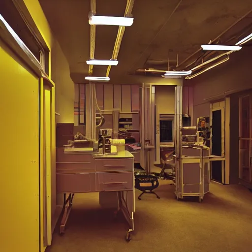 Prompt: noisy color photograph of a retrofuturist Backrooms, laboratory, dark corners, minimalist, cinematic, soft vintage glow