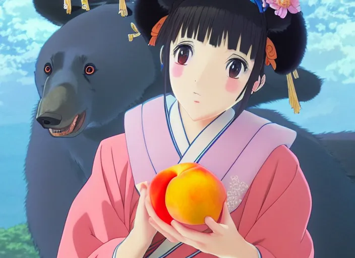 Image similar to anime movie portrait painting of a girl wearing a kimono giving a peach to a large anthropomorphic asian black bear, featured in artstation, artgerm, octane render, award winning, cinematic, elegant, intricate, 8 k, close up, in the style of studio ghibli and heikala and alphonse mucha,