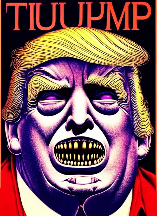 Image similar to donald trump's grotesque true form revealed, horror, high details, intricate details, by vincent di fate, artgerm julie bell beeple, 1 9 8 0 s, inking, vintage 8 0 s print, screen print