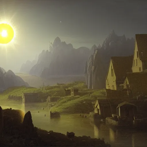 Image similar to dark solar eclipse, above a village, highly detailed, studio 4 k quality, by alexandre calame