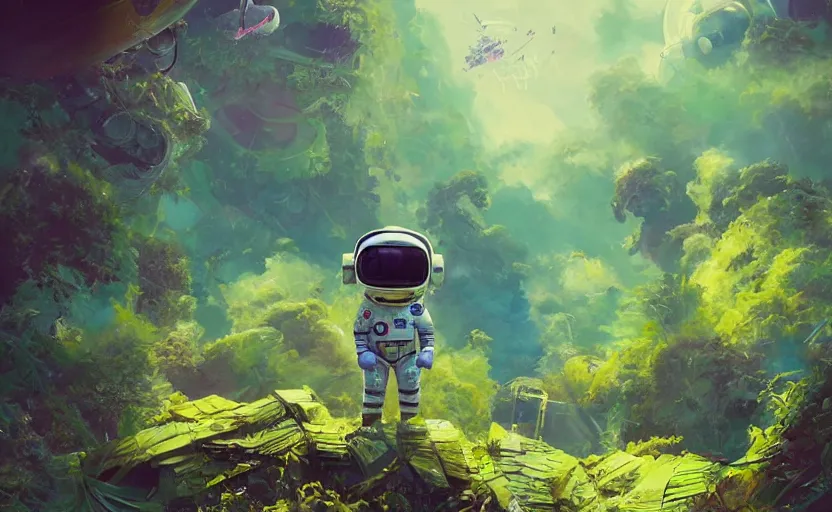 Prompt: a beautiful painting of a cute adorable kawaii futuristic vr plastic android astronaut sitting on a lush planet of foliage, the destroyed wreckage of a crashed spaceship, steam, thick colorful smoke, ross tran, ron walotsky, greg rutkowski, trending on artstation