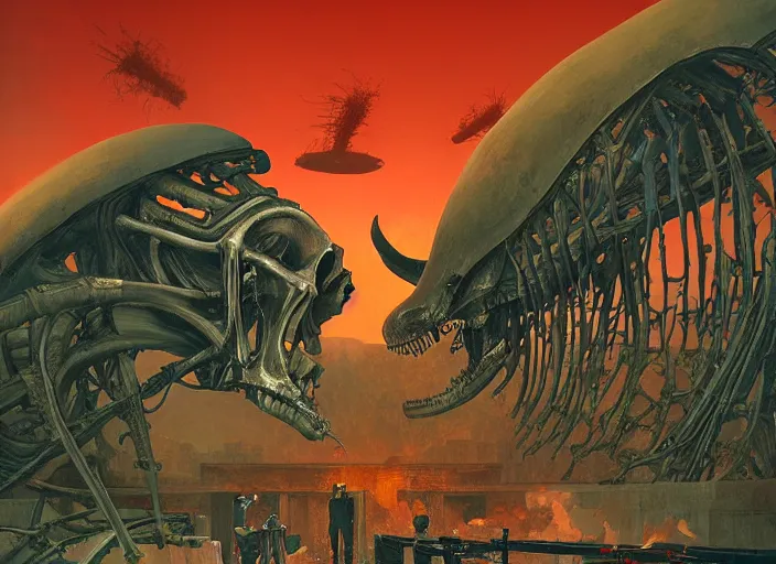 Prompt: war in the cemetery of london edward hopper and james gilleard, zdzislaw beksinski, by greg rutkowski, exotic vegetation, tristan eaton, victo ngai, vibrant red background, whale skeleton, a still from the film alien, hyperrealism