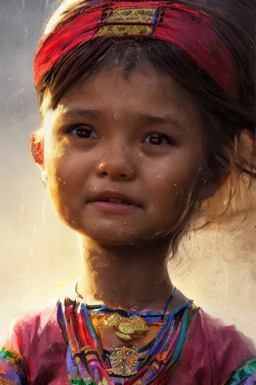 Image similar to aztec little girl, joyful, close - up portrait, intricate, elegant, volumetric lighting, scenery, digital painting, highly detailed, artstation, sharp focus, illustration, concept art, ruan jia, steve mccurry