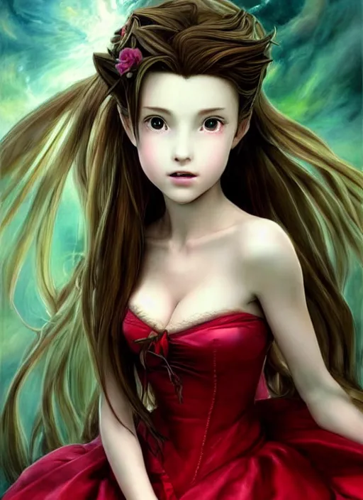 Image similar to devilish Aerith Gainsborough stares intently at you. surreally cute. ultra detailed painting at 16K resolution and epic visuals. epically surreally beautiful image. amazing effect, image looks crazily crisp as far as it's visual fidelity goes, absolutely outstanding. vivid clarity. ultra. iridescent. mind-breaking. mega-beautiful pencil shadowing. beautiful face. Ultra High Definition. processed twice. polished marble.
