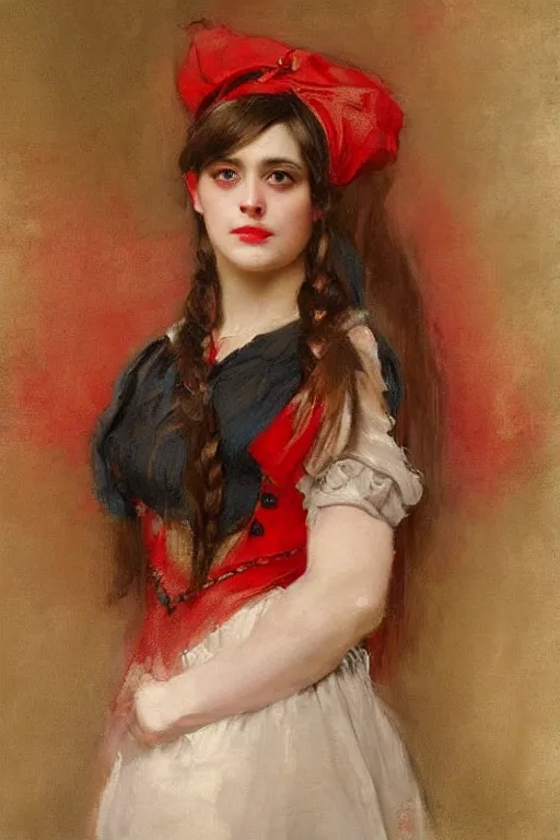 Image similar to Solomon Joseph Solomon and Richard Schmid and Jeremy Lipking victorian genre painting full length portrait painting of a young beautiful woman traditional german barmaid in fantasy costume, red background