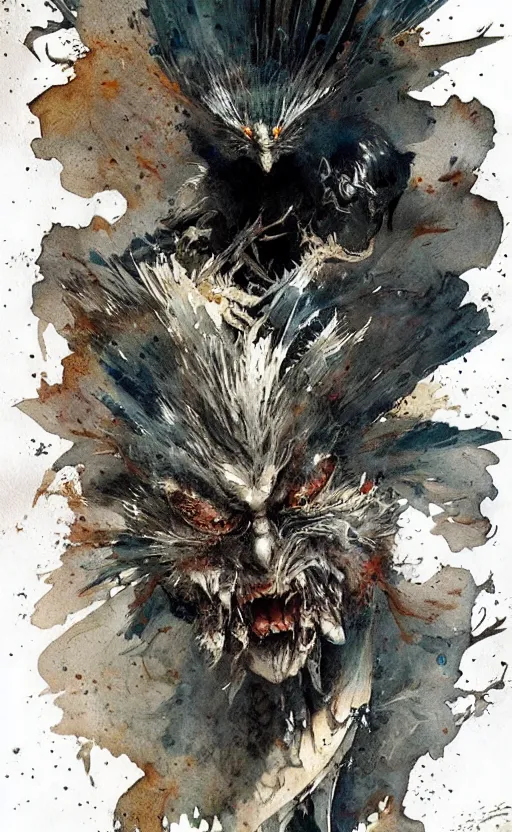 Image similar to detailed terrifying bird god by Jean-Baptiste Monge and frank frazetta , post processing, painterly, book illustration watercolor granular splatter dripping paper texture, ink outlines, painterly, trending on artstation, trending on pinterest childrens art