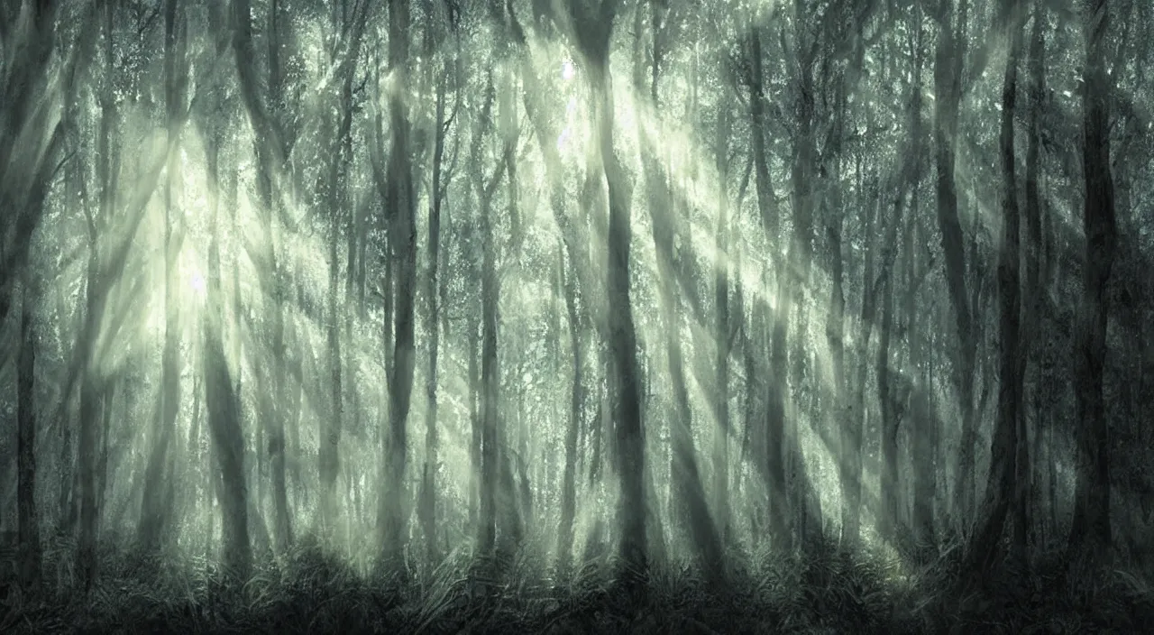 Image similar to forest mist sun beams mysterious scary deep dark hyper realistic detailed graphic novel illustration