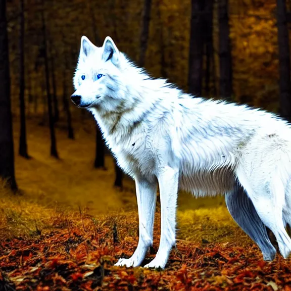 Image similar to white wolf with blue eyes stands in a dormant autumn forest, no yellow color in eyes, no yellow color, realistic