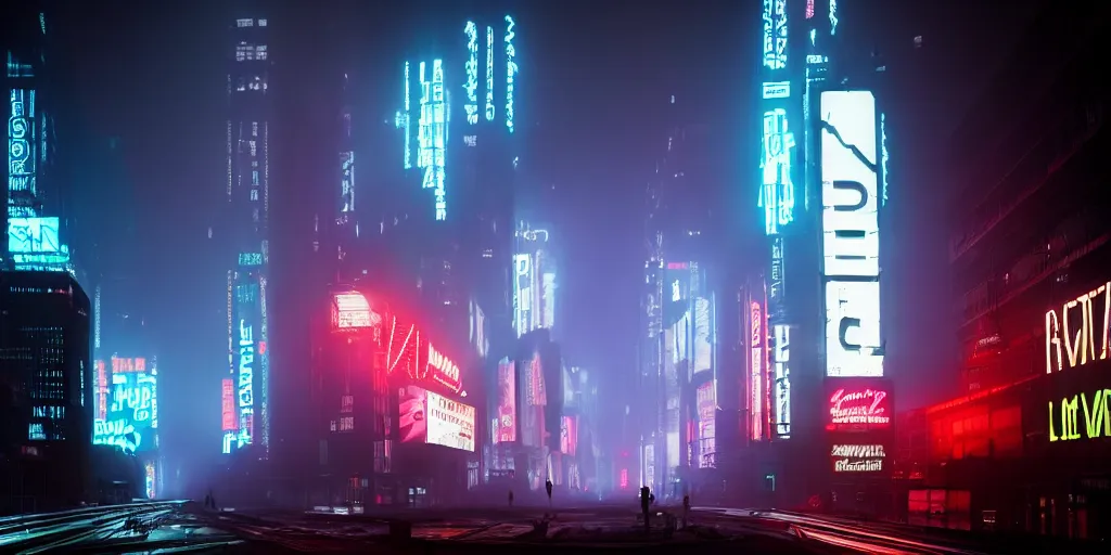 Image similar to giant illuminated advert screens, eerie fog, megacity streets seen from above, neon signs, blade runner, ex machina