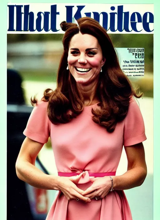 Image similar to candid photo of kate middleton as a thicc cover model in the 1980s, magazine cover.