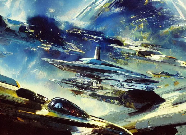 Image similar to a spaceship in a stunning landscape by john berkey