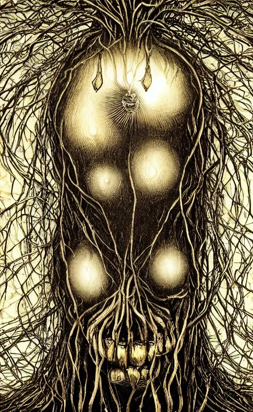 Image similar to portrait of lovecraftian onion surrounded by beams of light dark background by wayne barlow, stanley donwood, anton semenov, zdzislaw bekinski, hr giger, 8 k, fantasy, dark, highly detailed