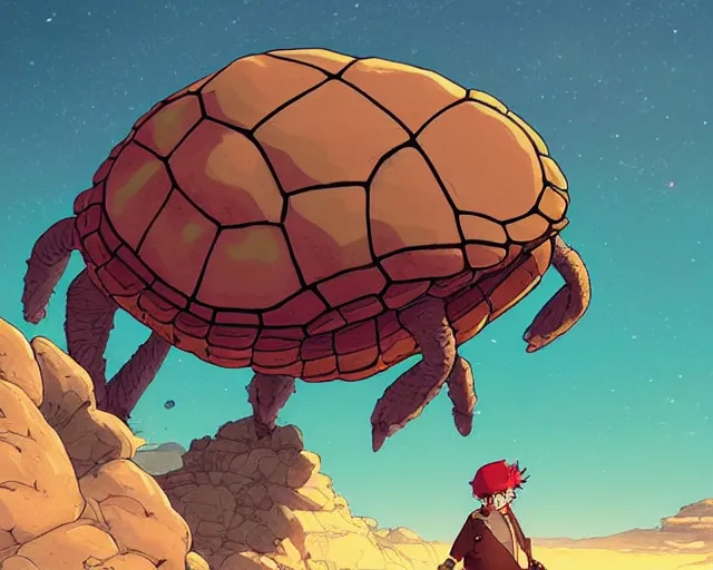 Image similar to a cell shaded cartoon giant turtle from howl's moving castle ( 2 0 0 4 ), on a desert road, illustration, wide shot, subtle colors, post grunge, concept art by josan gonzales and wlop, by james jean, victo ngai, highly detailed, sharp focus, trending on artstation, hq, deviantart, art by artgem