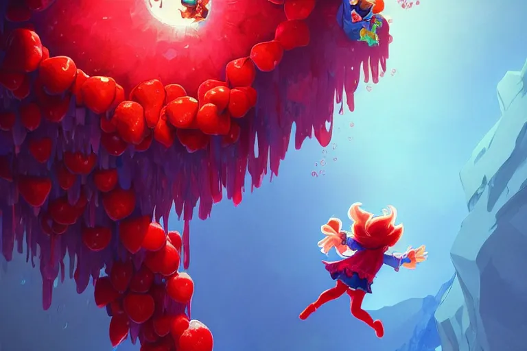 Prompt: madeline from celeste jumping to a big strawberry, ( ( ( blue bubble jacket ) ) ) ( ( ( red long hair ) ) ), highly detailed, digital painting, artstation, concept art, sharp focus, illustration, art by greg rutkowski and alphonse mucha