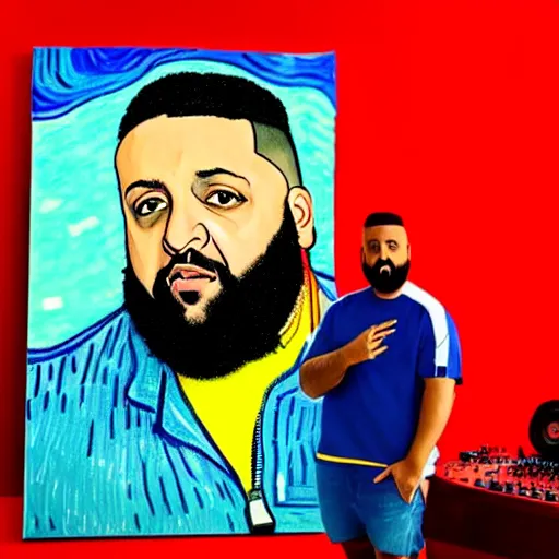 Image similar to ultra realistic portrait of dj khaled in a studio, ultra detailed, under blue, red and yellow cinematic lighting, by van gogh, cartoon