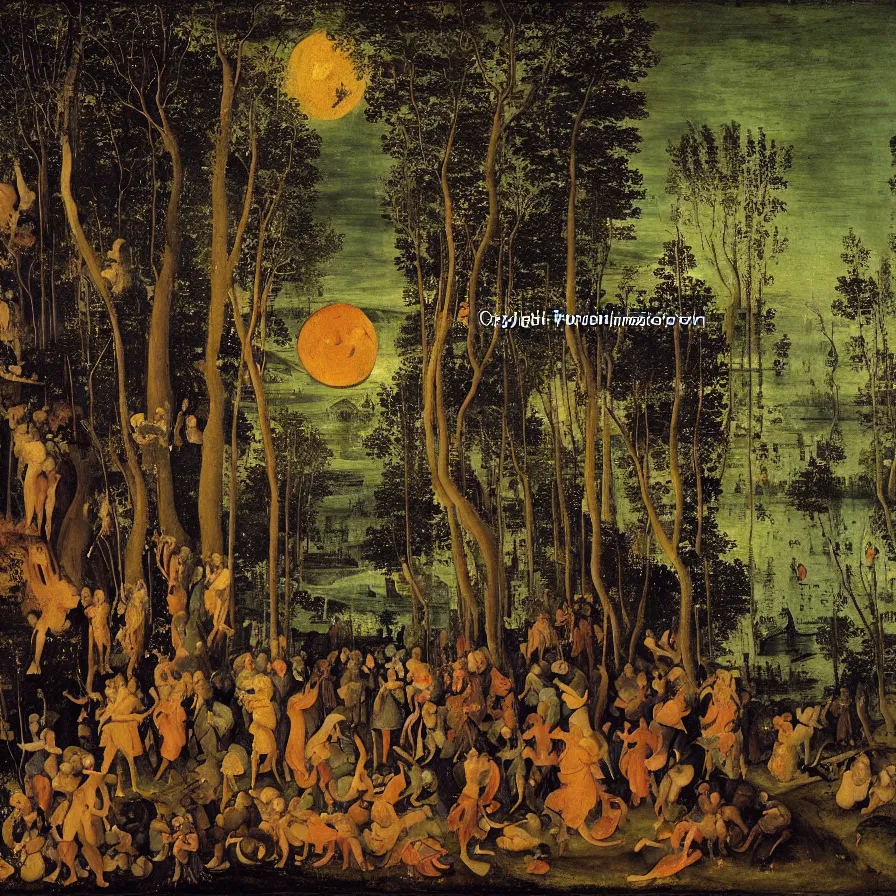 Image similar to renaissance painting of a night carnival around a magical tree cavity, with a surreal orange moonlight and fireworks in the background, next to a lake with iridiscent water, christmas lights, folklore animals and people disguised as fantastic creatures in a magical forest by summer night, masterpiece painted by jan van goyen, scene by night, dark night environment, refraction lights, glares