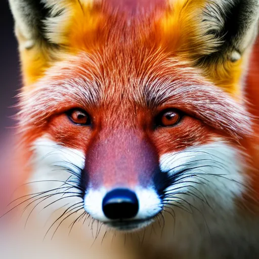 Prompt: a photograph of a red colored fox, macro lens, studio lighting, 8 k resolution