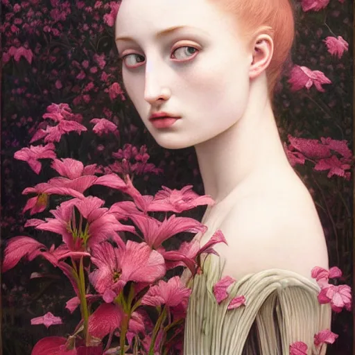 Prompt: sophie turner girl, botanical, lily, marble white complexion, portrait face, colorful, kupka, intricate, miles johnston, kuroda seiki, ozabu, godward, painterly, yoshitaka amano, moebius, miles johnston, louise zhang, james jean, mark ryden lowbrow pop surrealism art style